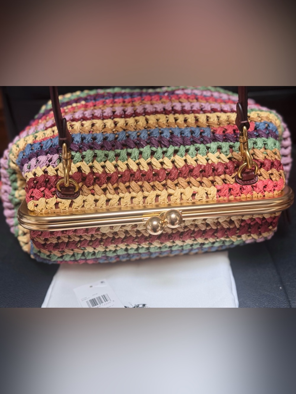 NWT COACH MULTICOLOR STRAW LARGE KISSLOCK 27 BAG CDZ29 In Multi - Picture 8 of 13